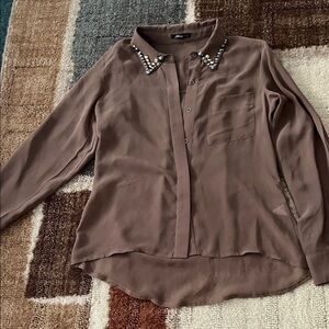 Marineblu Taupe Button Down Shirt with Embellished Collar